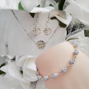 Handmade pave crystal rhinestone floating necklace accompanied by a link bracelet and a pair of dangle earrings - silver clear or custom color - Wedding Sets - Necklace Set - Jewelry Set