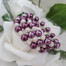 Load image into Gallery viewer, Handmade pearl and pave crystal rhinestone expandable, multi-layer, wrap bracelet, burgundy red and silver clear or custom color - Bracelets - Pearl Bracelet - Bride Gift - Bridal Gifts