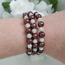 Load image into Gallery viewer, Handmade pearl and pave crystal rhinestone expandable, multi-layer, wrap bracelet, chocolate brown and silver clear or custom color - Bracelets - Pearl Bracelet - Bride Gift - Bridal Gifts