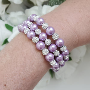 Handmade pearl and pave crystal rhinestone expandable, multi-layer, wrap bracelet, lavender purple and silver clear or custom color - Bracelets - Pearl Bracelet - Bride Gift - Bridal Gifts