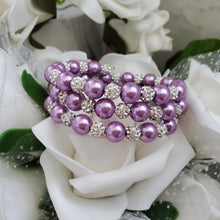 Load image into Gallery viewer, Handmade pearl and pave crystal rhinestone expandable, multi-layer, wrap bracelet, lavender purple and silver clear or custom color - Bracelets - Pearl Bracelet - Bride Gift - Bridal Gifts