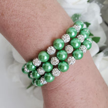 Load image into Gallery viewer, Handmade pearl and pave crystal rhinestone expandable, multi-layer, wrap bracelet, green and silver clear or custom color - Bracelets - Pearl Bracelet - Bride Gift - Bridal Gifts