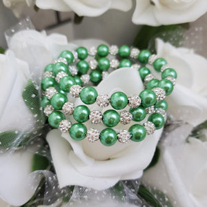 Handmade pearl and pave crystal rhinestone expandable, multi-layer, wrap bracelet, green and silver clear or custom color - Bracelets - Pearl Bracelet - Bride Gift - Bridal Gifts