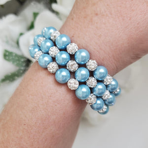 Handmade pearl and pave crystal rhinestone expandable, multi-layer, wrap bracelet, light blue and silver clear or custom color - Bracelets - Pearl Bracelet - Bride Gift - Bridal Gifts