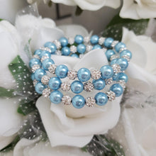 Load image into Gallery viewer, Handmade pearl and pave crystal rhinestone expandable, multi-layer, wrap bracelet, light blue and silver clear or custom color - Bracelets - Pearl Bracelet - Bride Gift - Bridal Gifts