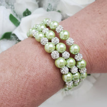 Load image into Gallery viewer, Handmade pearl and pave crystal rhinestone expandable, multi-layer, wrap bracelet, light green and silver clear or custom color - Bracelets - Pearl Bracelet - Bride Gift - Bridal Gifts