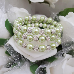 Handmade pearl and pave crystal rhinestone expandable, multi-layer, wrap bracelet, light green and silver clear or custom color - Bracelets - Pearl Bracelet - Bride Gift - Bridal Gifts