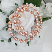 Load image into Gallery viewer, Handmade pearl and pave crystal rhinestone expandable, multi-layer, wrap bracelet, powder orange and silver clear or custom color - Bracelets - Pearl Bracelet - Bride Gift - Bridal Gifts