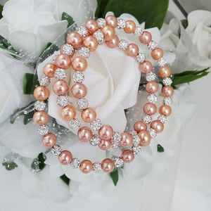 Handmade pearl and pave crystal rhinestone expandable, multi-layer, wrap bracelet, powder orange and silver clear or custom color - Bracelets - Pearl Bracelet - Bride Gift - Bridal Gifts