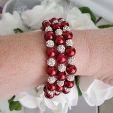 Load image into Gallery viewer, Handmade pearl and pave crystal rhinestone expandable, multi-layer, wrap bracelet, bordeaux red and silver clear or custom color - Bracelets - Pearl Bracelet - Bride Gift - Bridal Gifts