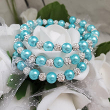 Load image into Gallery viewer, Handmade pearl and pave crystal rhinestone expandable, multi-layer, wrap bracelet, aquamarine blue and silver clear or custom color - Bracelets - Pearl Bracelet - Bride Gift - Bridal Gifts