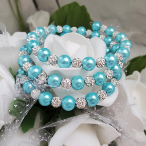 Handmade pearl and pave crystal rhinestone expandable, multi-layer, wrap bracelet, aquamarine blue and silver clear or custom color - Bracelets - Pearl Bracelet - Bride Gift - Bridal Gifts