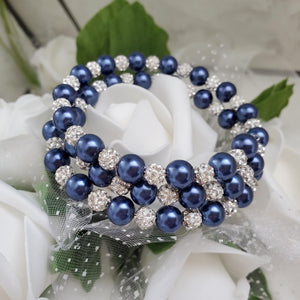 Handmade pearl and pave crystal rhinestone expandable, multi-layer, wrap bracelet, dark blue and silver clear or custom color - Bracelets - Pearl Bracelet - Bride Gift - Bridal Gifts