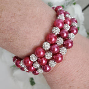 Handmade pearl and pave crystal rhinestone expandable, multi-layer, wrap bracelet, dark pink and silver clear or custom color - Bracelets - Pearl Bracelet - Bride Gift - Bridal Gifts