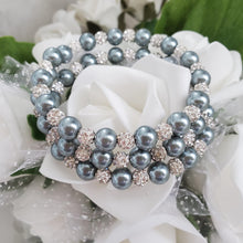 Load image into Gallery viewer, Handmade pearl and pave crystal rhinestone expandable, multi-layer, wrap bracelet, dark grey and silver clear or custom color - Bracelets - Pearl Bracelet - Bride Gift - Bridal Gifts