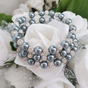 Handmade pearl and pave crystal rhinestone expandable, multi-layer, wrap bracelet, dark grey and silver clear or custom color - Bracelets - Pearl Bracelet - Bride Gift - Bridal Gifts