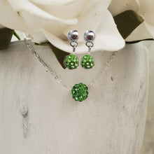 Load image into Gallery viewer, Handmade pave crystal rhinestone floating necklace accompanied by a pair of stud earrings - peridot (green) or custom color - Necklace Set - Rhinestone Set - Necklace and Earrings