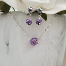 Load image into Gallery viewer, Handmade pave crystal rhinestone floating necklace accompanied by a pair of stud earrings - violet or custom color - Necklace Set - Rhinestone Set - Necklace and Earrings