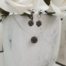 Load image into Gallery viewer, Handmade pave crystal rhinestone floating necklace accompanied by a pair of stud earrings - black diamond or custom color - Necklace Set - Rhinestone Set - Necklace and Earrings
