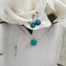 Load image into Gallery viewer, Handmade pave crystal rhinestone floating necklace accompanied by a pair of stud earrings - aquamarine blue or custom color - Necklace Set - Rhinestone Set - Necklace and Earrings