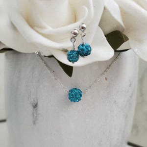 Handmade pave crystal rhinestone floating necklace accompanied by a pair of stud earrings - aquamarine blue or custom color - Necklace Set - Rhinestone Set - Necklace and Earrings