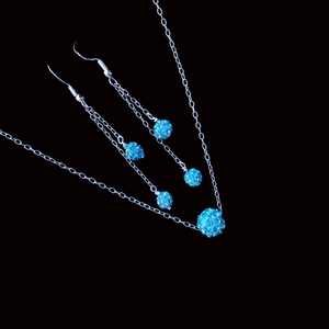 Necklace And Earring Set - Necklace Set - Bridesmaid Jewelry - Bridal Sets - A handmade floating crystal necklace accompanied by a pair of multi-strand drop earrings. aquamarine blue or custom color