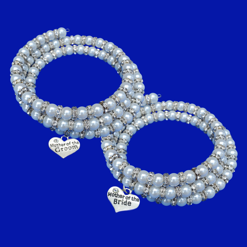 A set of 2 handmade pearl and crystal expandable, multi-layer, wrap charm bracelets for the mother of the bride and mother of the groom