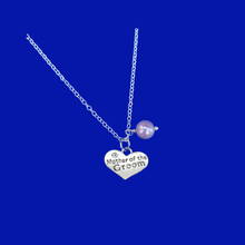 Load image into Gallery viewer, Mother of the Groom Pearl Drop Charm Necklace, lavender purple or custom color