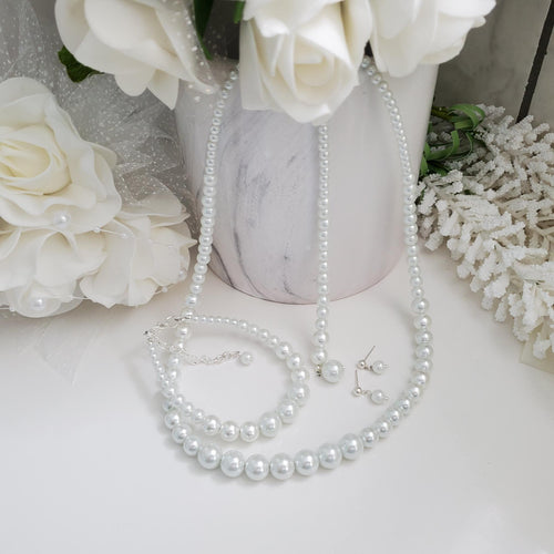 Handmade pearl necklace with 6 inch backdrop accompanied by a matching bracelet and a pair of dangling stud earrings, white or custom color - Jewelry Sets - Pearl Jewelry Set - Bridal Sets