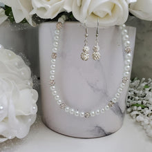 Load image into Gallery viewer, A handmade pearl and pave crystal rhinestone necklace accompanied by a pair of crystal drop earrings - white or custom color - Pearl Jewelry Set - Pearl Necklace Set - Necklace Earrings