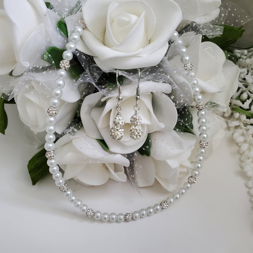 A handmade pearl and pave crystal rhinestone necklace accompanied by a pair of crystal drop earrings - white or custom color - Pearl Jewelry Set - Pearl Necklace Set - Necklace Earrings