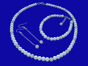 Necklace Set - Pearl Set - Jewelry Sets, handmade pearl and crystal necklace accompanied by a matching bracelet and a pair of crystal drop earrings, white or custom color