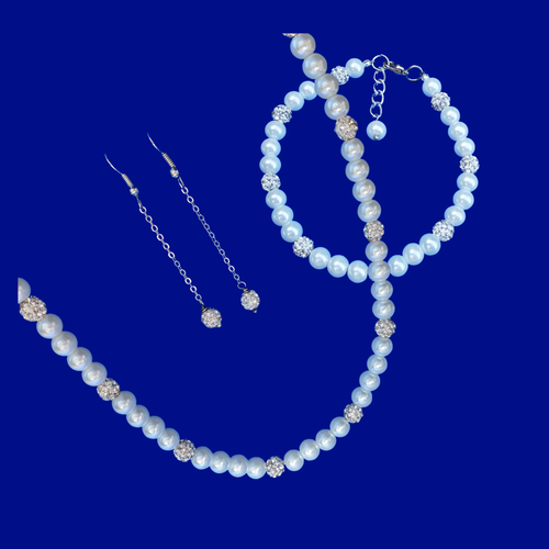 Necklace Set - Pearl Set - Jewelry Sets, handmade pearl and crystal necklace accompanied by a matching bracelet and a pair of crystal drop earrings, white or custom color