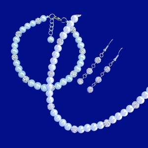 Bridal Jewelry Set - Pearl Set - Jewelry Sets, handmade pearl and crystal necklace accompanied by a matching bracelet and a pair of crystal earrings, white or custom color