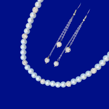 Load image into Gallery viewer, Maid Of Honor Gifts - Necklace And Earring Set - handmade pearl and crystal necklace accompanied by a pair of multi-strand crystal drop earrings, white or custom color