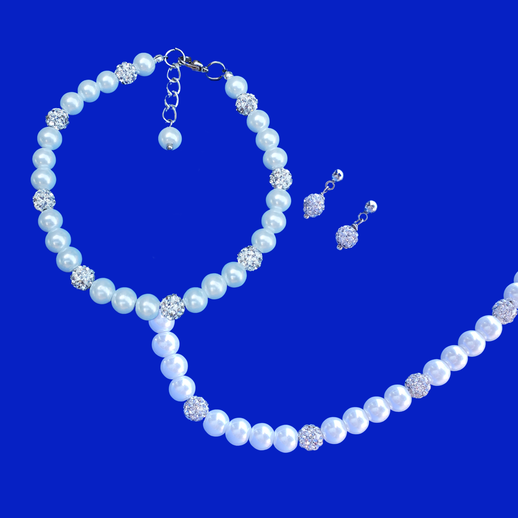 Jewelry Sets - Day Of Gifts For Bride - Pearl Set - handmade pearl and crystal necklace accompanied by a matching bracelet and a pair of crystal stud earrings, white or custom color
