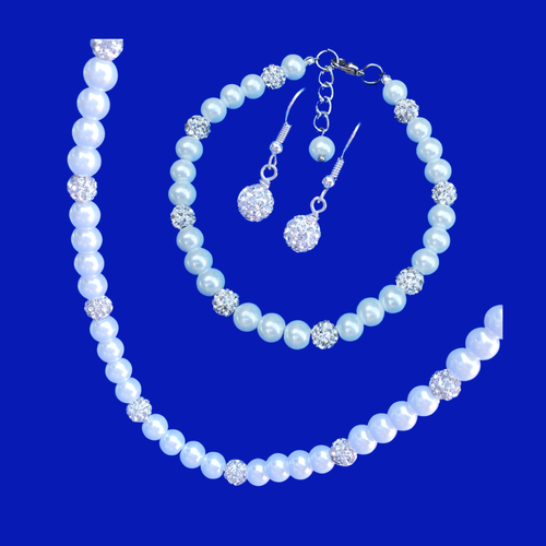 Wedding Sets - Pearl Jewelry Set - Jewelry Sets, handmade pearl and crystal necklace accompanied by a matching bracelet and a pair of crystal earrings, white or custom color