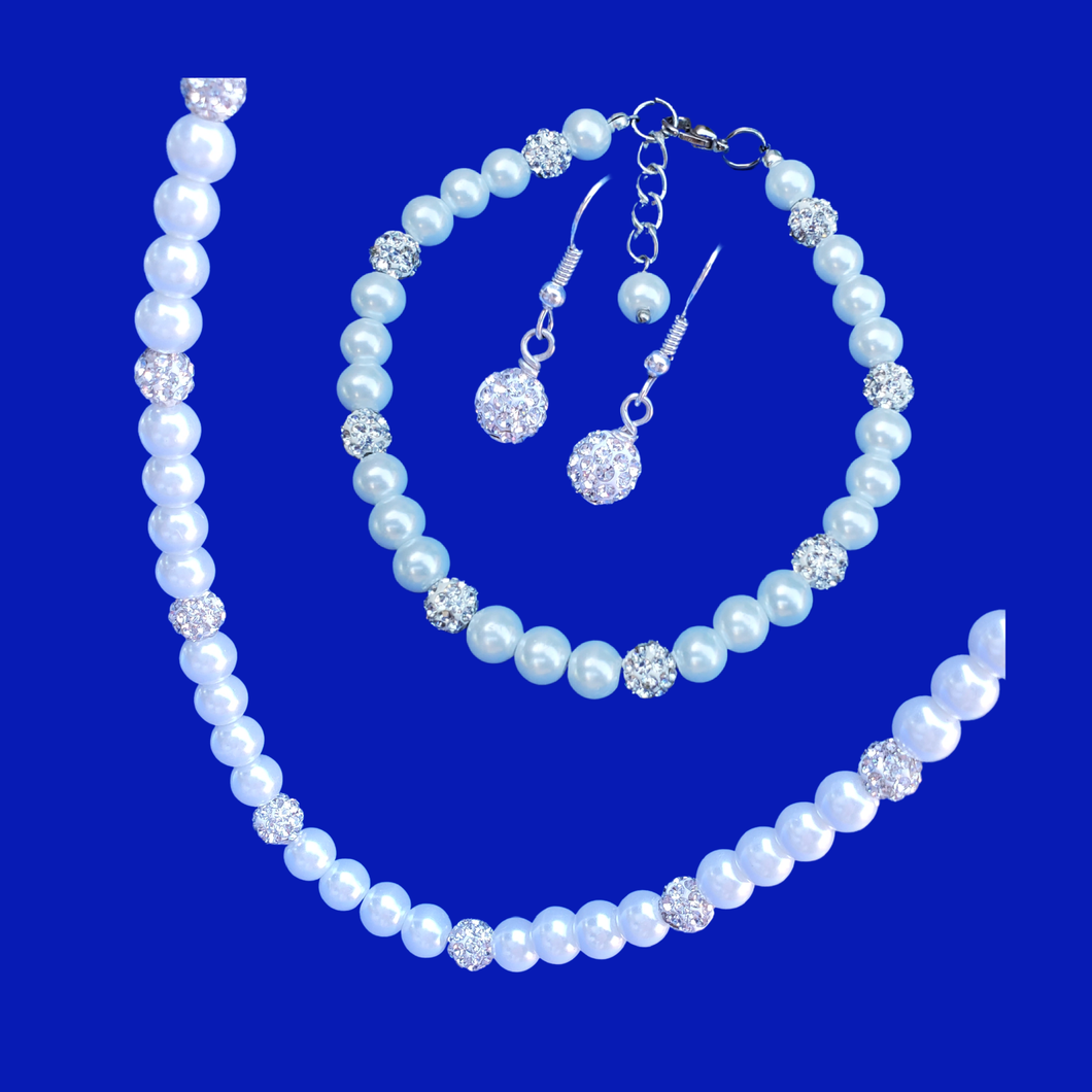 Wedding Sets - Pearl Jewelry Set - Jewelry Sets, handmade pearl and crystal necklace accompanied by a matching bracelet and a pair of crystal earrings, white or custom color