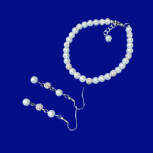 Load image into Gallery viewer, Pearl Jewelry Set - Wedding Sets - Bracelet Sets, handmade pearl and crystal bracelet accompanied by a pair of drop earrings, white or custom color