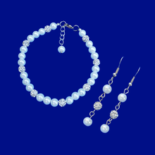 Load image into Gallery viewer, Pearl Jewelry Set - Wedding Sets - Bracelet Sets, handmade pearl and crystal bracelet accompanied by a pair of drop earrings, white or custom color