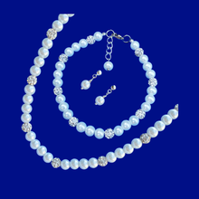 Load image into Gallery viewer, Jewelry Sets - Pearl Jewelry Set - Bridal Sets - pearl and crystal necklace accompanied by a matching bracelet and a pair of pearl stud earrings, white or custom color