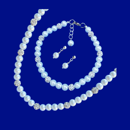 Jewelry Sets - Pearl Jewelry Set - Bridal Sets - pearl and crystal necklace accompanied by a matching bracelet and a pair of pearl stud earrings, white or custom color
