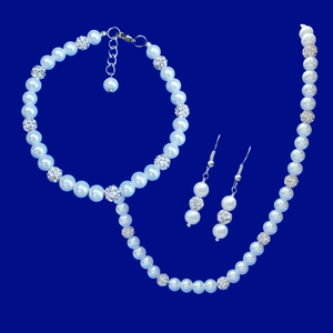 Bridal Sets - Necklace Set - Jewelry Set, handmade pearl and crystal necklace accompanied by a matching bracelet and a pair of drop earrings, white or custom color