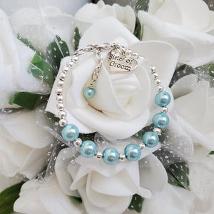 Handmade sister of the groom silver accented pearl charm bracelet - light blue or custom color - Sister of the Groom Bracelet - Bridal Bracelets