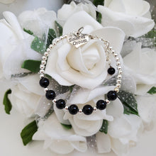 Load image into Gallery viewer, Handmade sister of the groom silver accented pearl charm bracelet - black or custom color - Sister of the Groom Bracelet - Bridal Bracelets