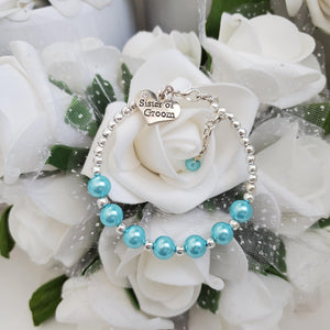 Handmade sister of the groom silver accented pearl charm bracelet - aquamarine blue or custom color - Sister of the Groom Bracelet - Bridal Bracelets