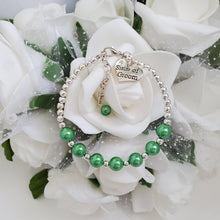 Load image into Gallery viewer, Handmade sister of the groom silver accented pearl charm bracelet - green or custom color - Sister of the Groom Bracelet - Bridal Bracelets