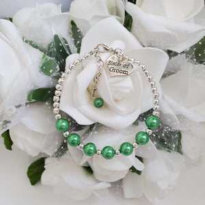Handmade sister of the groom silver accented pearl charm bracelet - green or custom color - Sister of the Groom Bracelet - Bridal Bracelets