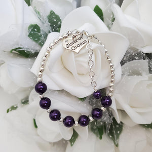 Handmade sister of the groom silver accented pearl charm bracelet - dark purple or custom color - Sister of the Groom Bracelet - Bridal Bracelets