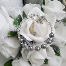 Load image into Gallery viewer, Handmade sister of the groom silver accented pearl charm bracelet - dark grey or custom color - Sister of the Groom Bracelet - Bridal Bracelets